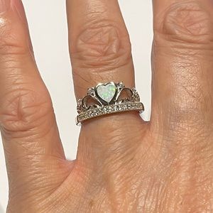 Sterling Silver White Lab Opal Heart with CZ Crown Ring, Silver Hearts Jewelry